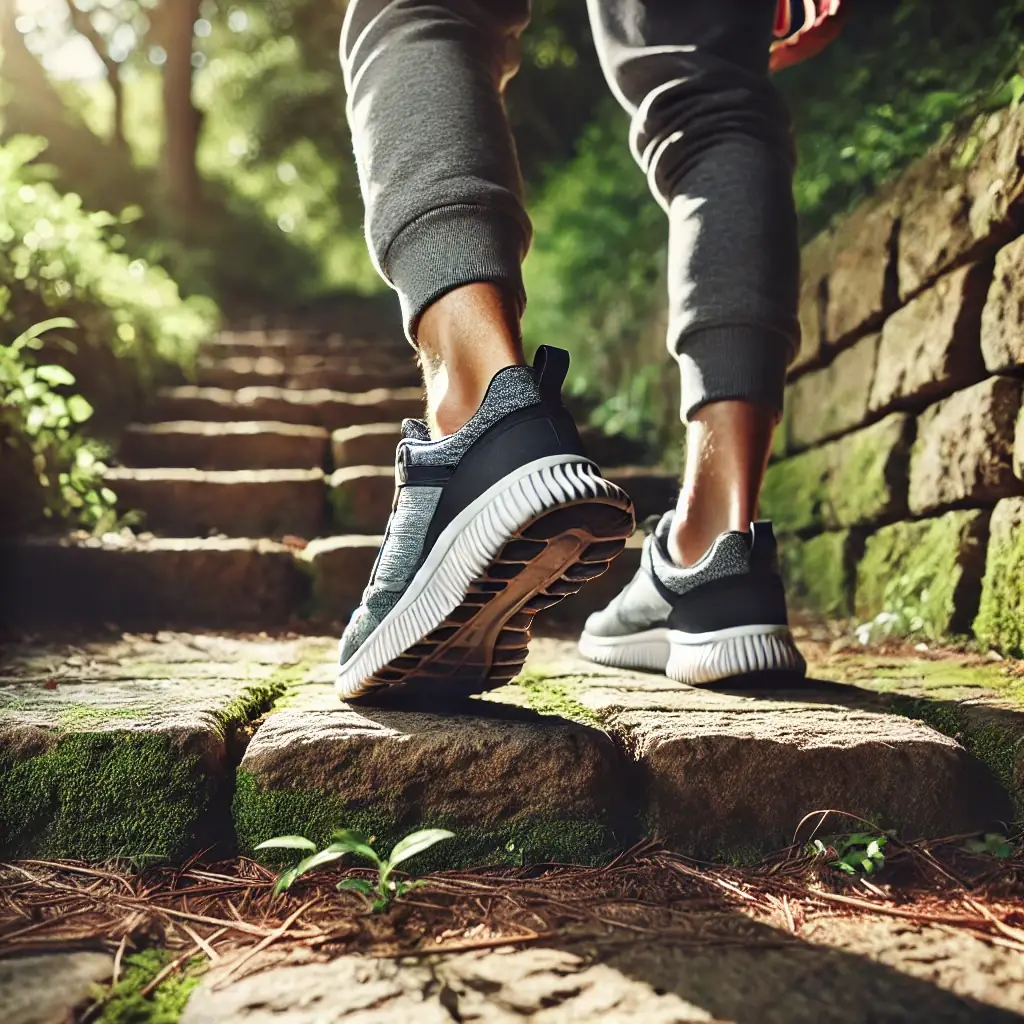 Person steigt mit Sportschuhen eine Steintreppe im Wald hinauf